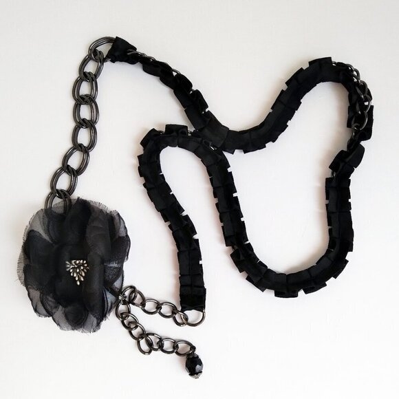 Black Dahlia Flower Taffeta Ruffle Over Gunmetal Chain Bead Belt main image 4